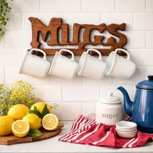 Vintage CorningWare Milk Glass Mug Set +Wood “Mugs” Rack Farmhouse Kitchen Decor